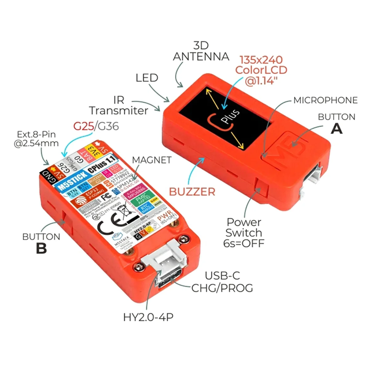 M5Stack M5StickC plus ESP32-PICO WiFi LCD IoT Controller Development Kit with IR AXP192 Mini TypeC Mini Development Kit