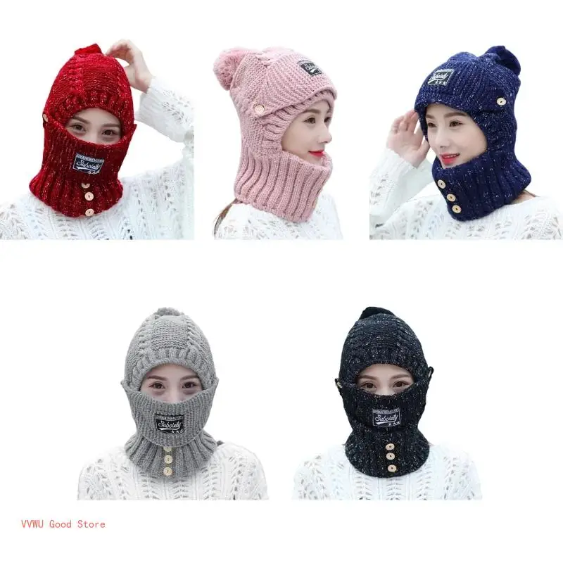 Winter Hat Scarf Mask Knit Trapper Hat Women Fleece Lined Hooded Hat Scarf Wrap