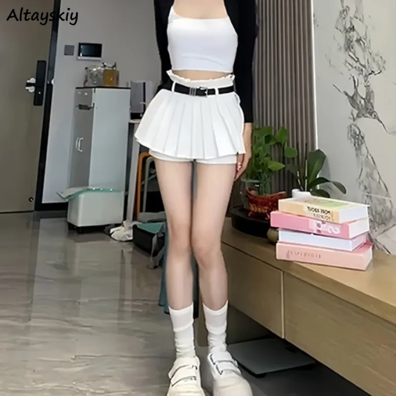 Pleated Mini Skirts Women with Belt All-match Preppy Style Temper Girls Fashion Streetwear Summer High Waist A-line Faldas Ins