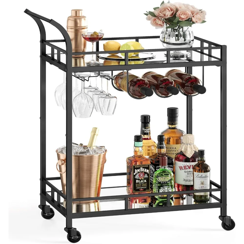 

Bar Cart Black, Home Bar Serving Cart, Wine Cart with 2 Mirrored Shelves, Wine Holders, Glass Holders, for Kitchen, Dining Room