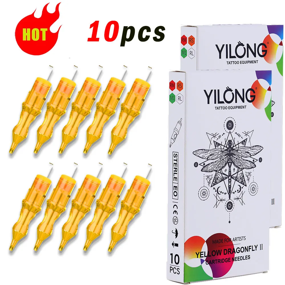 YILONG New 10cs Cartridge Tattoo Needles RL RS RM M1 Disposable Sterilized Safety Tattoo Needle for Cartridge Machines Grips