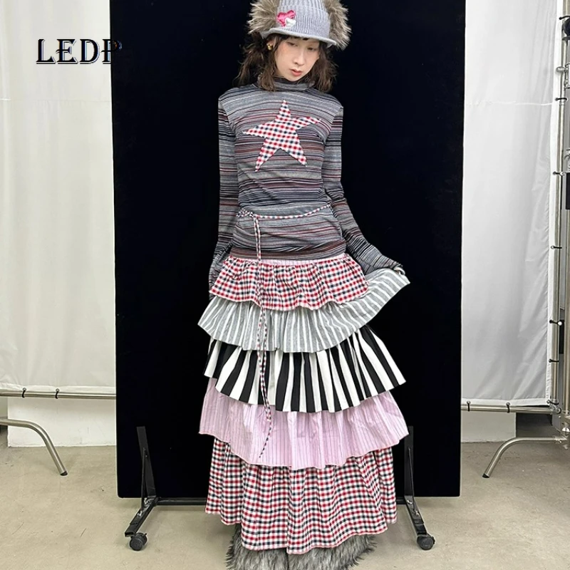 

2025 Autumn Winter Original Pink Striped Knitted Multi-layer Splicing Women's Long Skirt Retro Design Cute Cake Skirts Ladies