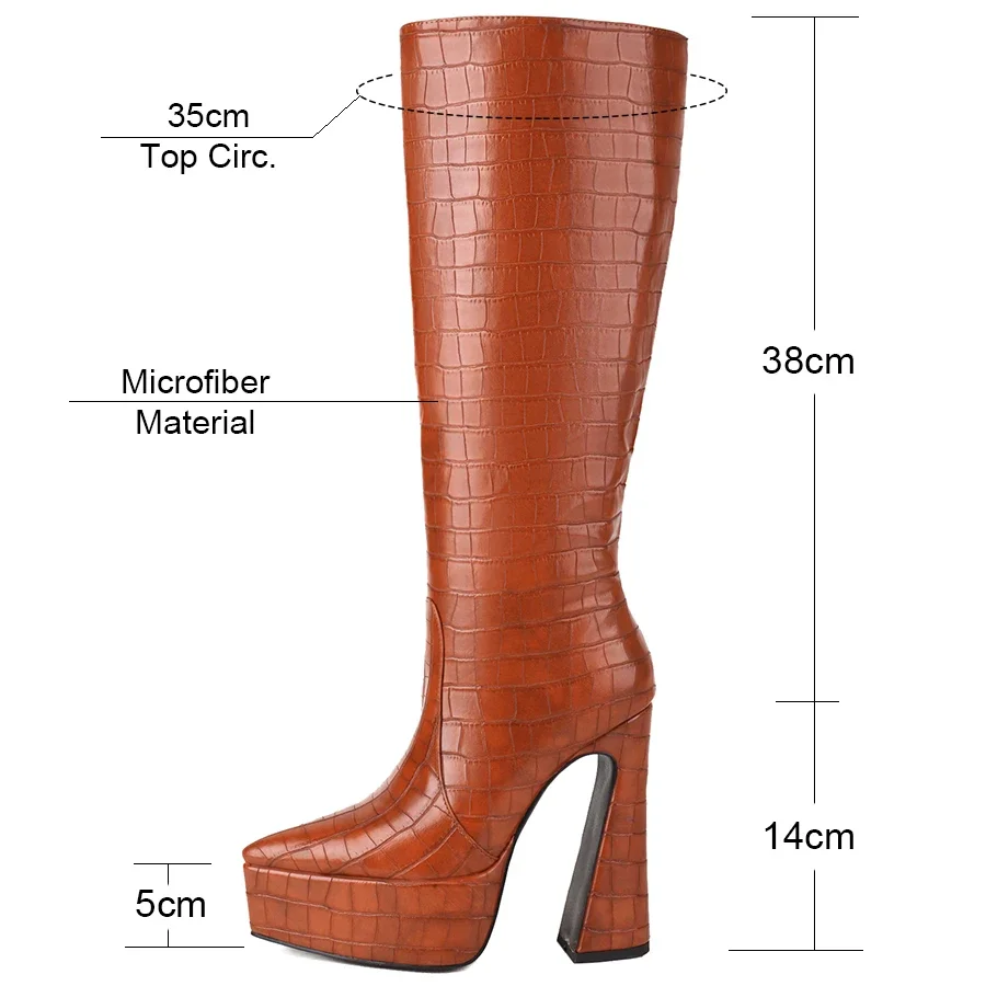 Winter Women Knee High Boots Yellow Brown Platform Chunky Heels Pointed Toe Sexy Club Dress Lady Plush Slip-on Fashion Long Boot