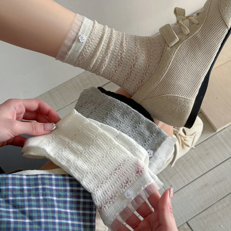 Women Hollow Mesh Flower Button Ankle Socks Soft Thin Breathable Sheer Socks Daily School Lolita Dress Matching Designer Socks