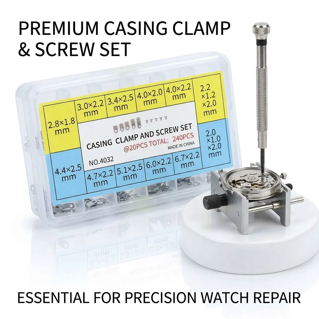 Watch Movement Holder Clamps Screws Assortment Set Casing Securing Adapter Metal Watchmaker Fix Repair Spare Tool Kit With Box