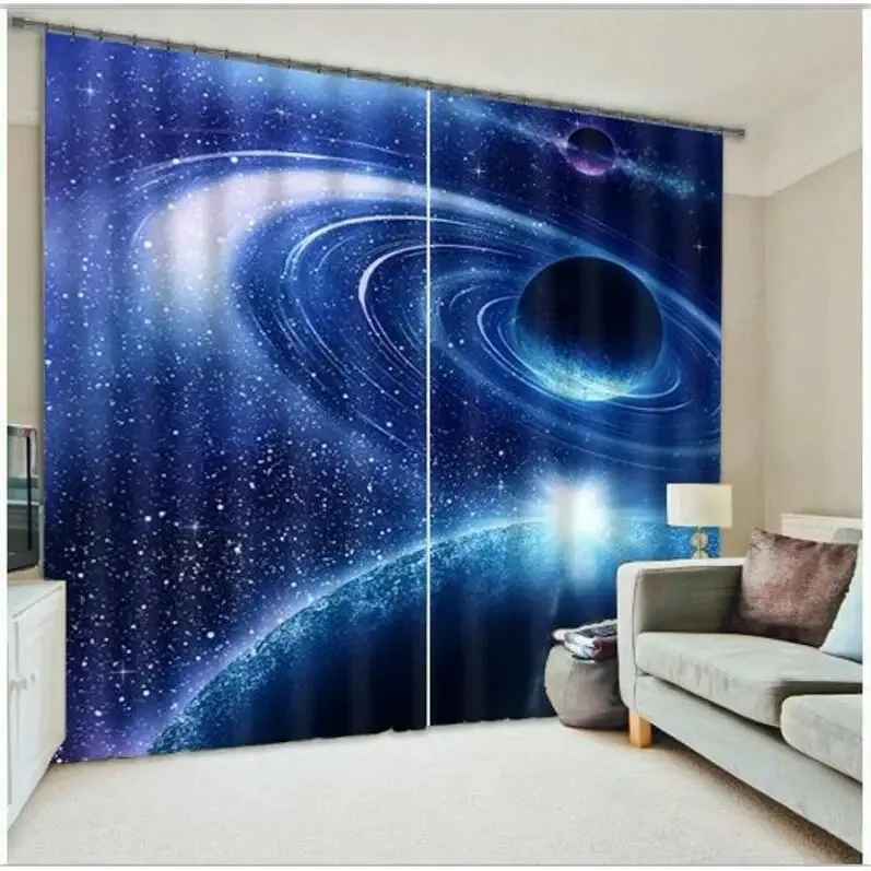 2pcs Space Universe Planet Semi-Blackout Curtains Outer Space Blue Starry Sky Night Star Print Curtains For Living Room Bedroom