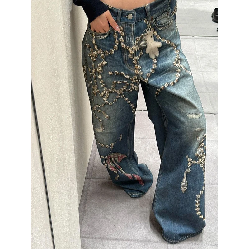 Pantalones vaqueros para mujer 2025 Otoño Invierno Tie Dye Harajuku Y2K pantalones vaqueros holgados japoneses Grunge corte ancho Vaqueros azules Vintage Goblin Core
