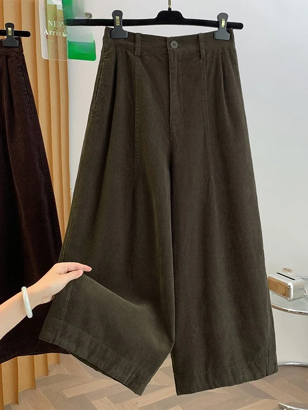 High Waist Corduroy Wide Leg Pants Women's Loose Casual Trousers Korean Style Autumn New Arrival Nine Points Straight Cut