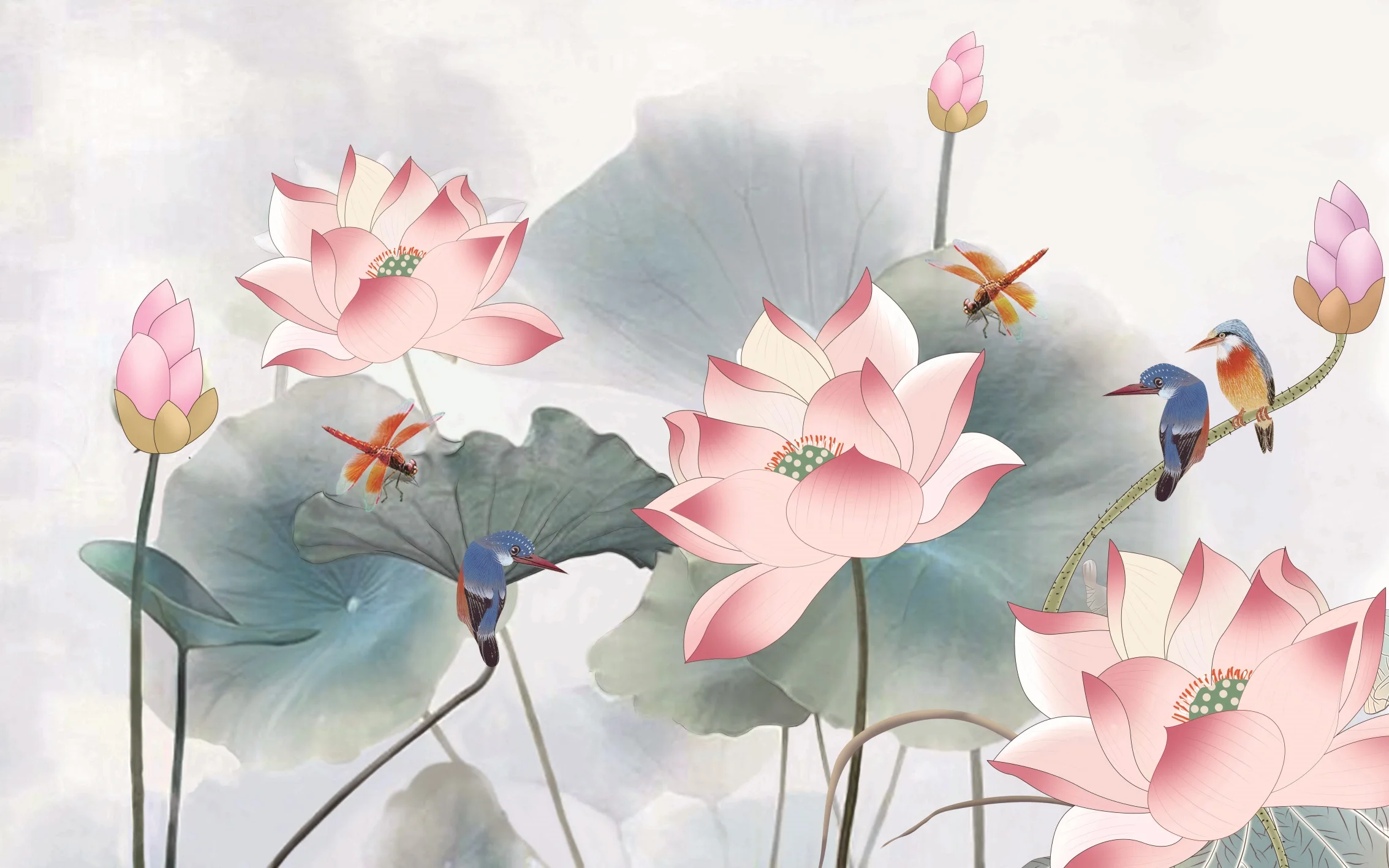 Customized Wallpaper Retro Blue Lotus Ink Painting Photo Wallpaper Bedroom Background Wall Decorative Wallpaper papel tapiz