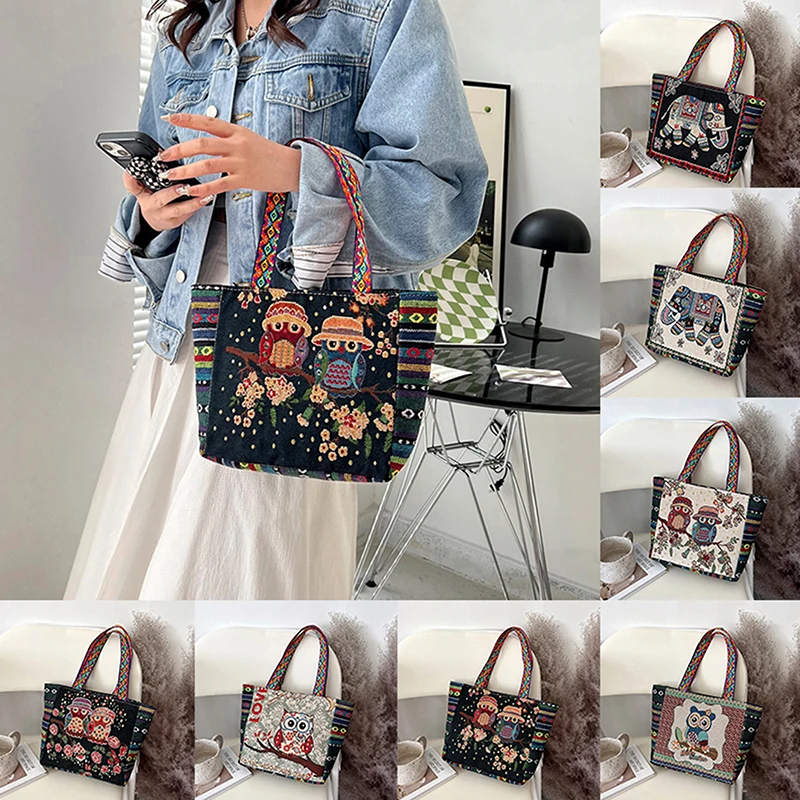 Animal Ethnic Style Handbag Trendy Elephant Embroidery Handbag Owl Canvas Women Shoulder Bags Women Tote Bag