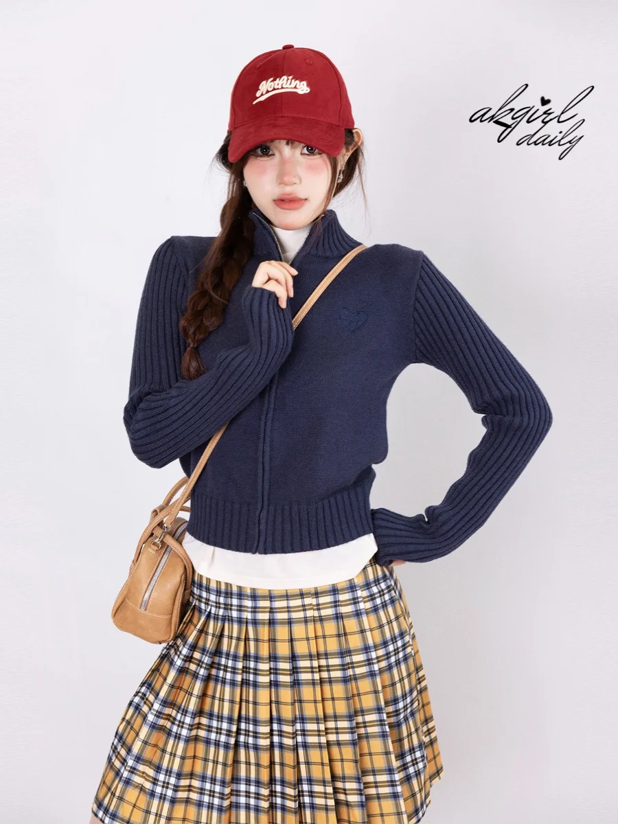 

American Sle Vintage Slim Fit ort Knitted Cardigan Women's 2023 Autumn Winter New Sweater Jaet Stand Collar Zipper