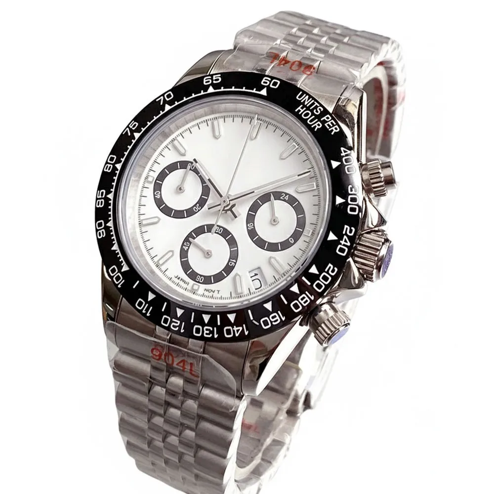 39 مللي متر Tandorio الأبيض الهاتفي كامل كرونوغراف اليابان VK63 ساعة متعددة الوظائف كوارتز رجالي ساعة معصم الياقوت الزجاج #4