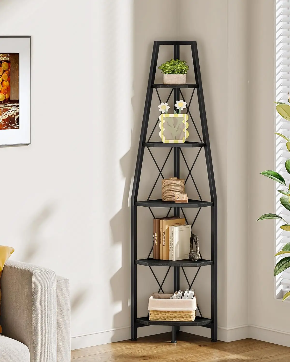 

5-ярусная угловая полка-стеллаж, книжный стеллаж-лестница для гостиной, спальни, кабинета и ванной комнаты - черная напольная полка для хранения