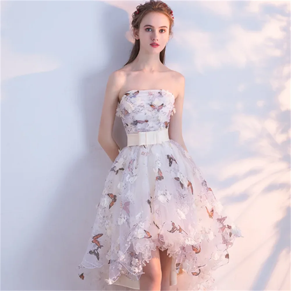 

Elegant 3D Flowers Strapless Floral Print Hi-Lo Prom Dresses Butterfly Short Front Long Back Bridesmaid Dresses