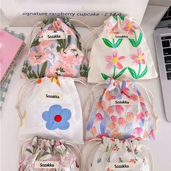 Women Flower Drawstring Cosmetic Bag Small Lipstick Makeup Bag Travel Organizer Bags Clothes Storage Toiletry Wash Pouch Bags