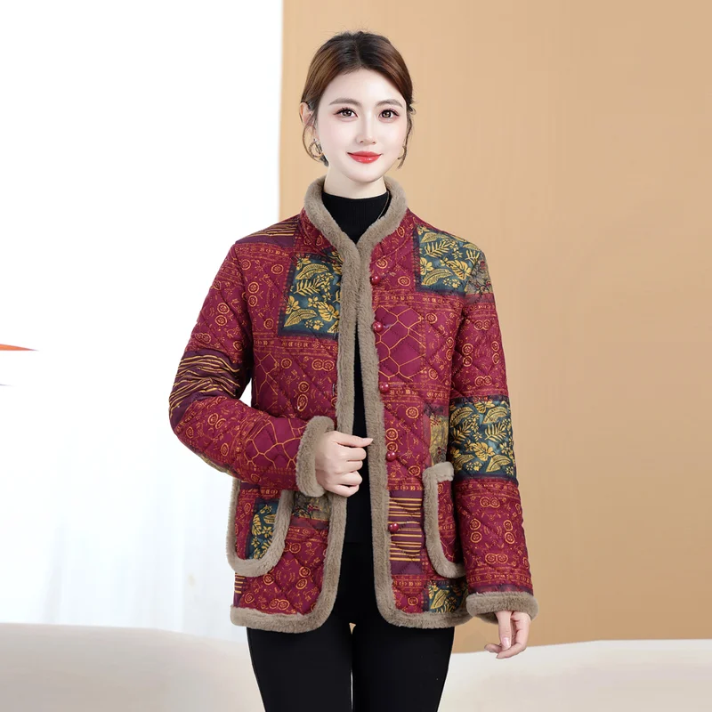 Damska kurtka zimowa z polaru w stylu retro 2025, ocieplana kurtka bawełniana dla kobiet w średnim wieku, kurtka codzienna plus size.