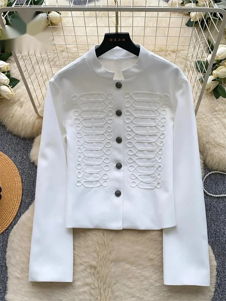 Chic Commute Suit Jacket Female Stand Neck Napoleon Style Button Cropped Coat Autumn Versatile Casual Senior Outerwear