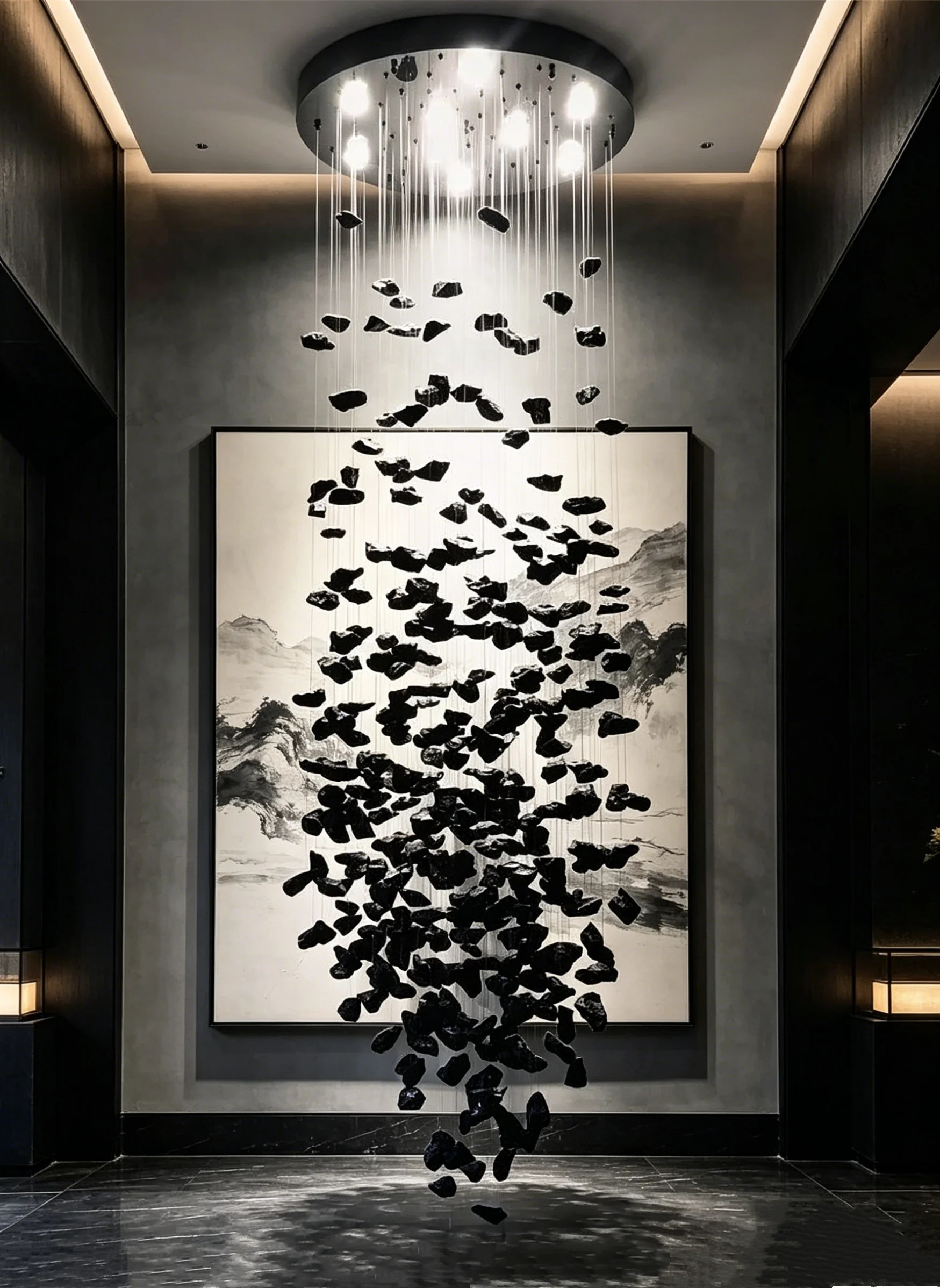 

Black Art Crystal Chandelier For Hallway Lobby Modern Stone Cristal LED Hanging Lamp Luxury Staircase Home Indoor Light Fixtures
