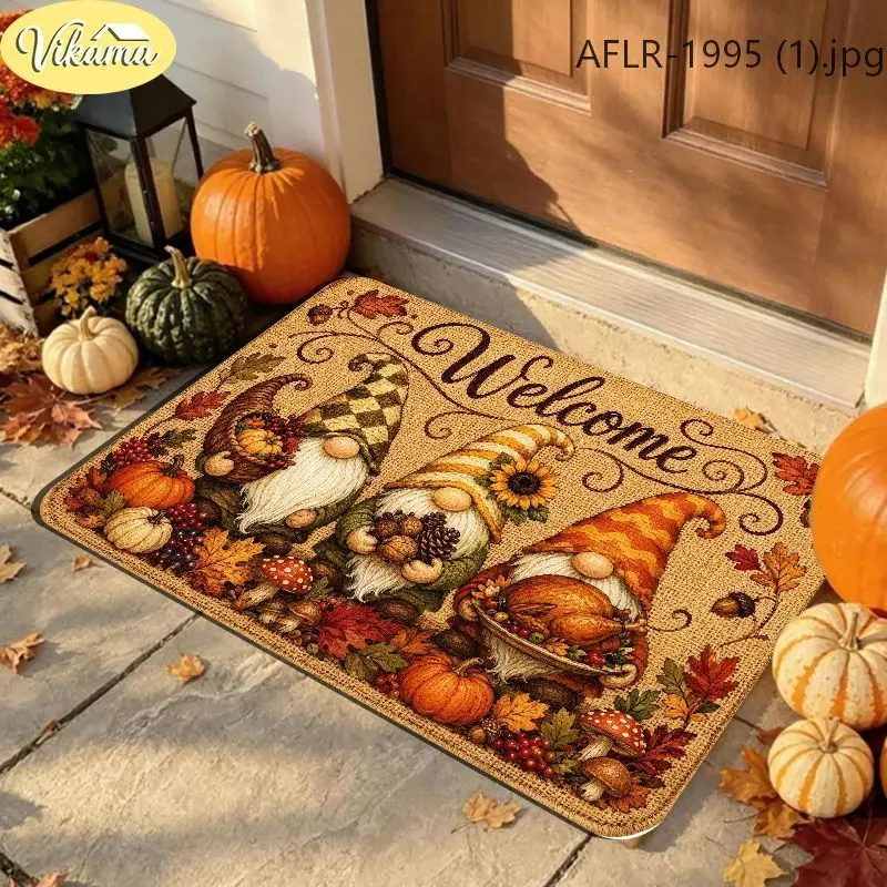 VIKAMA Fall Gnomes Welcome Doormat Turkey Mushrooms Acorns Autumn Harvest Mat Entryway Rug Front Porch Home Decor
