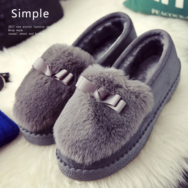 Women Casual Flat Shoes Soft Loafers Fashion Winter Shoes Comfort Warm Plush Bow Slip on Female Cotton Shoes Zapatos De Mujer