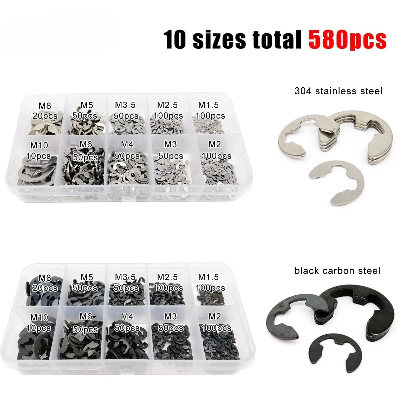 580pcs/box Assortment Kit Set E Circlip Shaft External Retaining Ring Clip Washer 10 Size Stainless Steel Carbon Steel