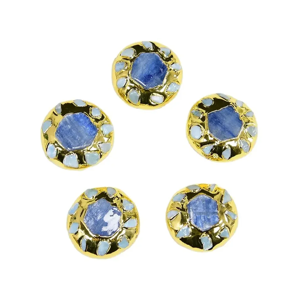 

5 Pcs 26MM Natural Blue Kyanite Larimar Gems Edge Gold Plated Flat Coin Shape Spacer Beads Connector Jewelry Accessory DIY