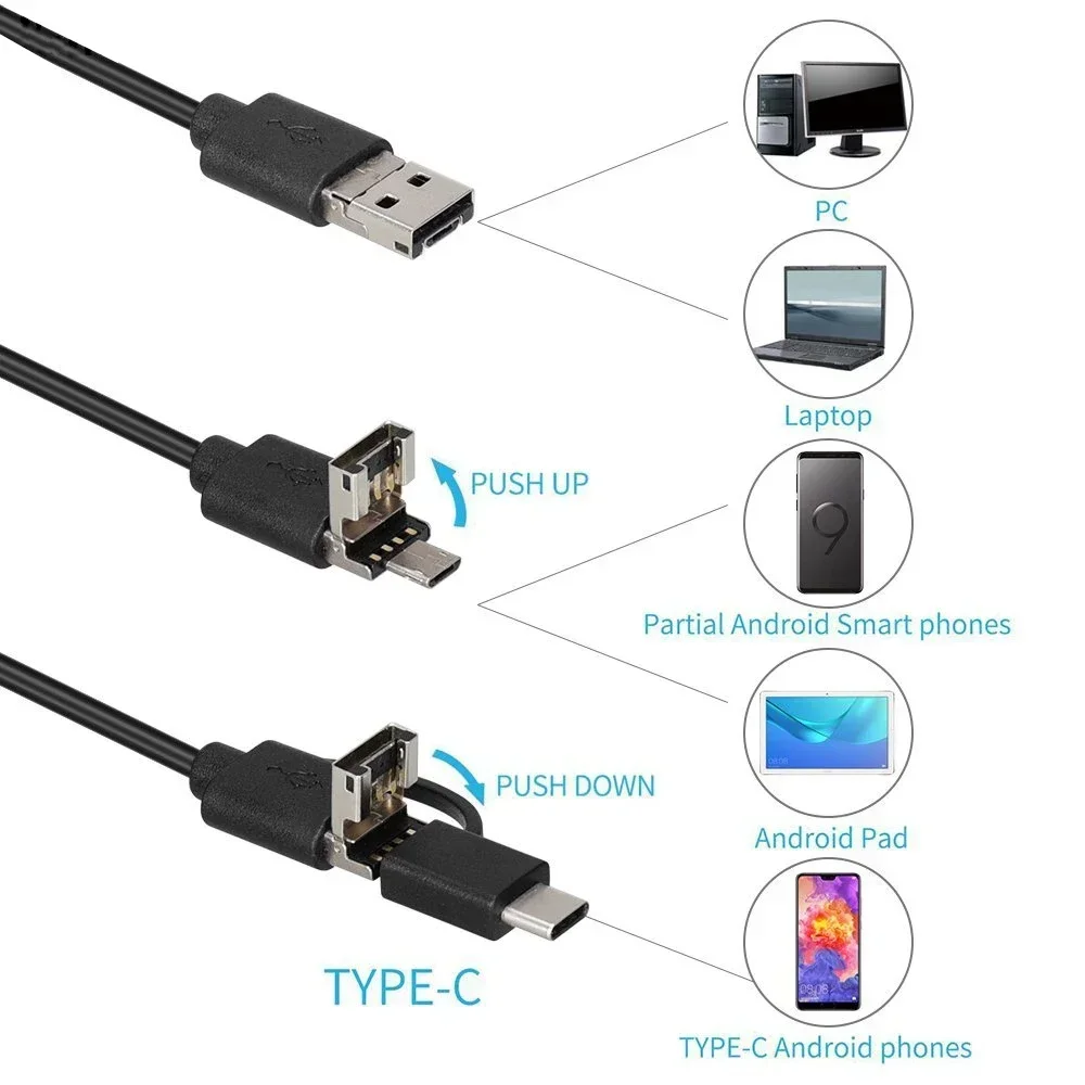 8mm lens Camera Endoscope HD 1200P IP67 2M Hard Flexible Tube Mirco USB Type-C Borescope Video Inspection for Android Endoscope