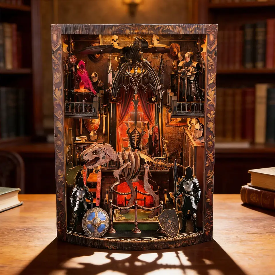 

DIY Wooden Knight Book Nook Shelf Insert Kits Miniature Model Kit with Lights Dragon Bookend for Friends Gifts Home Decoration