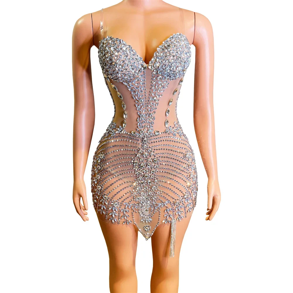 

Sexy Short Dress Luxurious Evening Celebration Catwalk Shiny Rhinestones Chains Fringe Transparent Costume Birthday Stage Wear