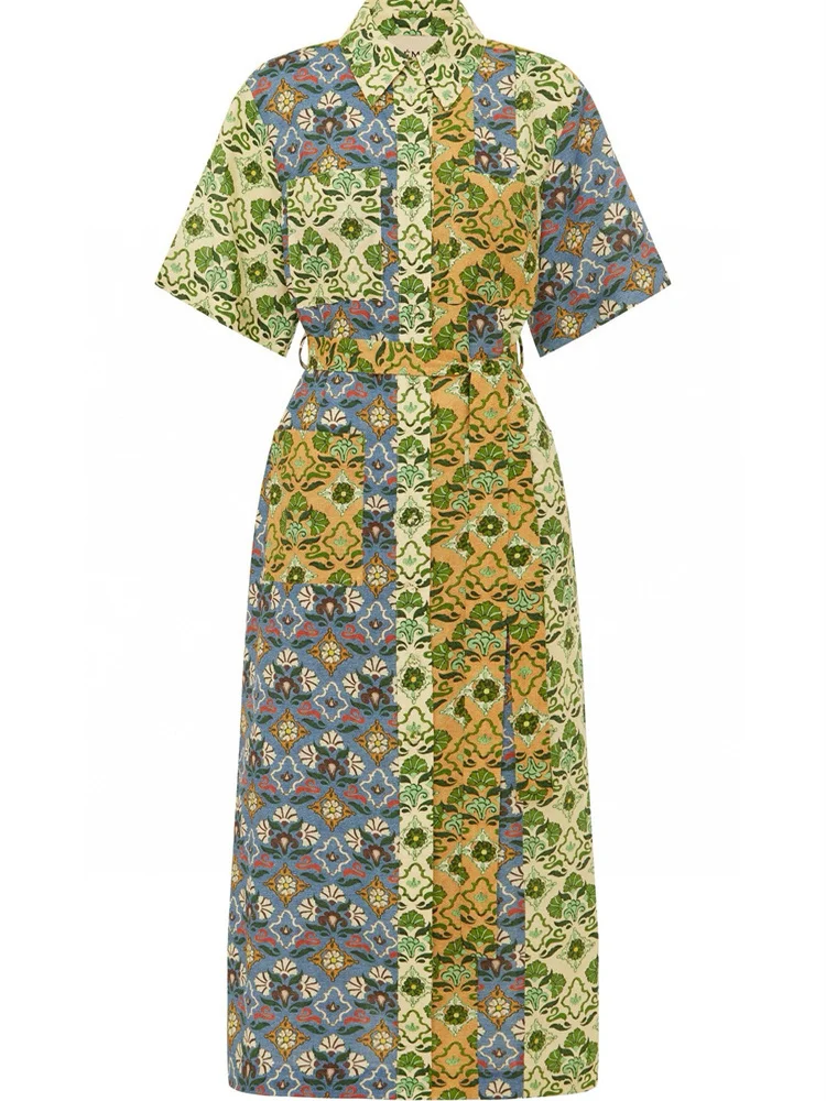 Susan Australian Faion een Color Blo Floral Print Linen ort Sve irt Dr Long Women's Vintage Sle Casual Dr