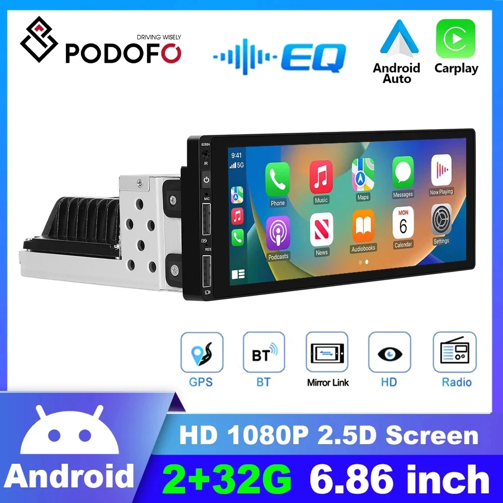 Podofo 1 Din Android Car Radio Multimedia Playe Autoradio CarPlay 6.86 inch Wince Car Stereo Player for VW Nissan Toyota Honda