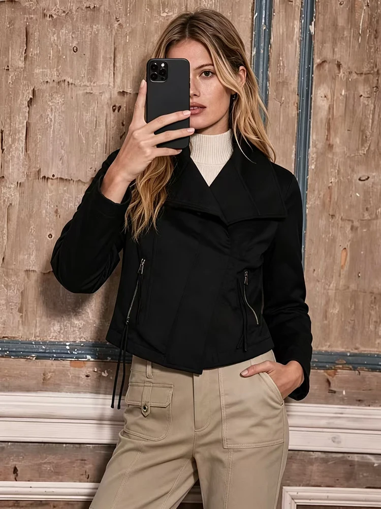 2026 Minimalistische Beige Slim-Fit-Jacke für Damen, Elegante Asymmetrische Diagonale Reißverschluss-Stehkragen-Jacke, Herbstliche Alltags-Streetwear-Oberbekleidung – Detail 6