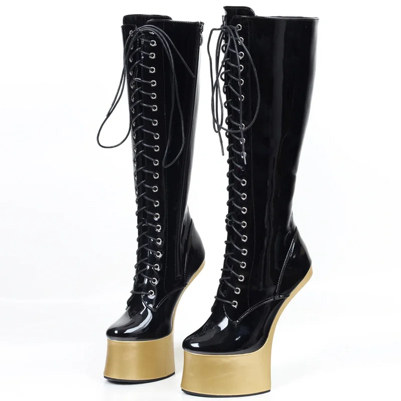 Fhc Vrouwen Ponyplay Hoge Hakken Knie Laarzen, 18Cm Unisex Cosplay Schoenen, Man Fetish Podium Show Platforms Botas, Zijrits, Vetersluiting, Zwart,