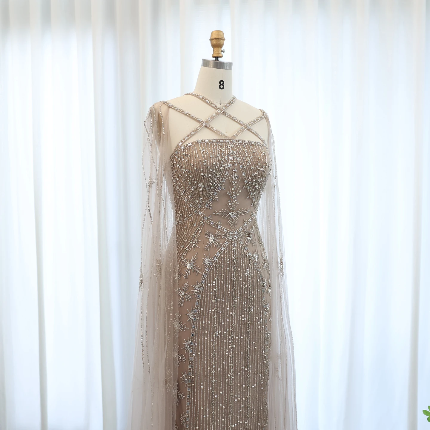 Sharon Said Dubai Champagner Meerjungfrauen-Abendkleider mit Cape-Ärmeln Aqua Criss Cross Flieder Hochzeits-Partykleid SS391 Maßanfertigung – Detail 21