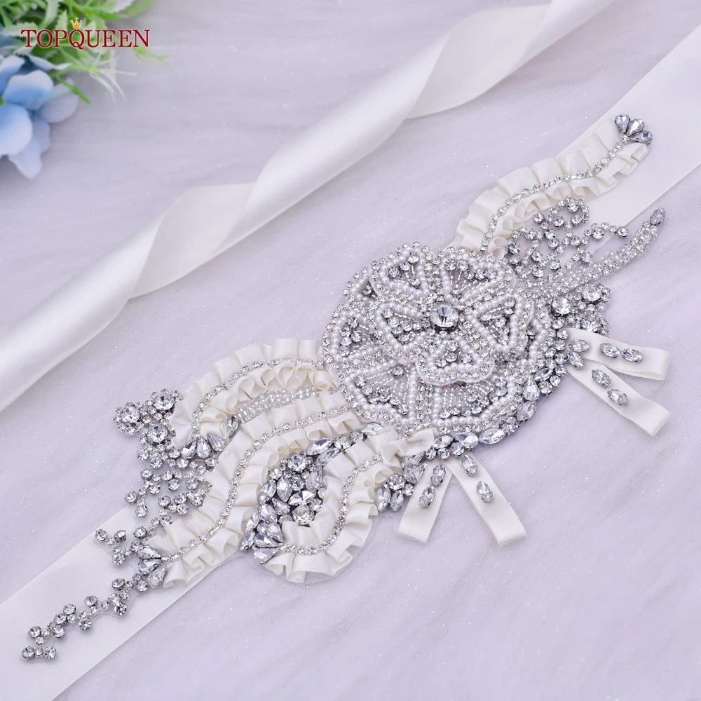 TOPQUEEN S61 Creative Rhinestone Women'S Luxury Brand Belt Handmade Pearl Crystal Ivory Ribbon Fancy Sash Bridal Wedding Accesso