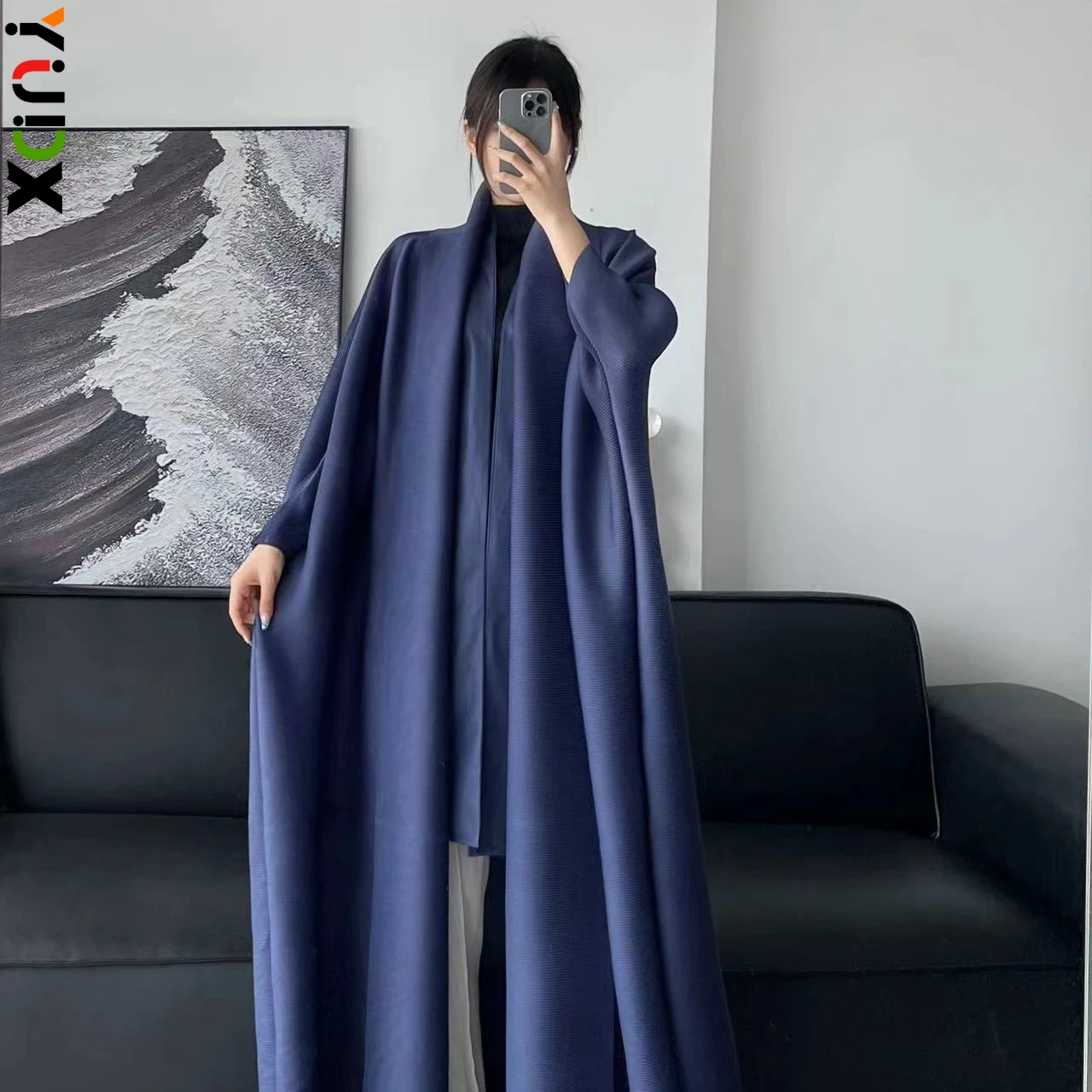 Solid Color Arabic Women\'s Robe Pleated Loose Plus Size Plus Long Robe Cardigan Nine-minute Sleeve Cardigan Coat 2024 Summer New