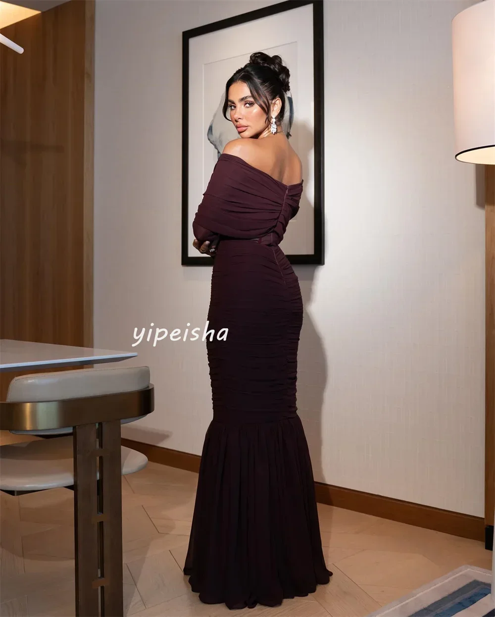 Customized Fashion Sexy Chiffon Pleat Ruched Mermaid Off-the-shoulder Long Dresses Quinceanera Dresses Chinese Style Matching