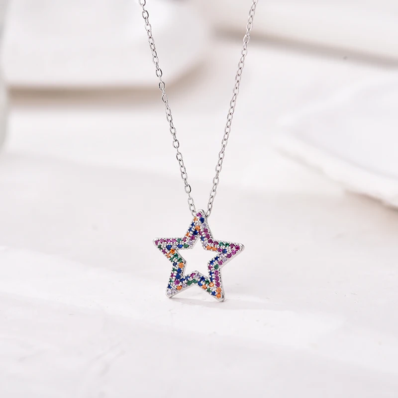 Trendige mehrfarbige Stern-Zirkon-Anhänger-Halskette für Frauen, Edelstahlkette, Vintage-Halskette, weiblicher Alltagsschmuck, Geschenk – Detail 3