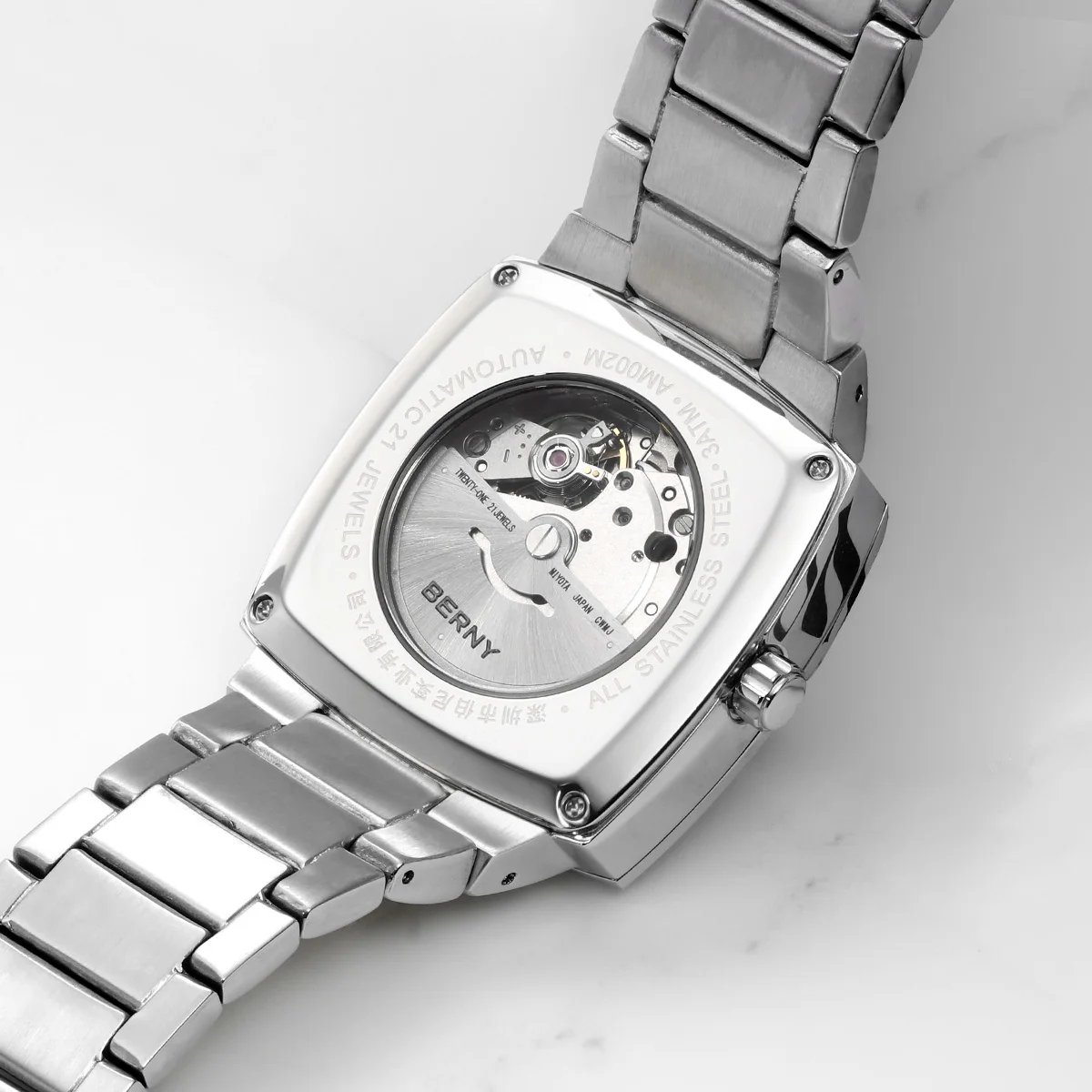 BERNY Automatic Men\'s Watch Self-wind Pillow Cushion Luminous Wristwatch for Men Stainless Steel Calendar Window Watch for Men