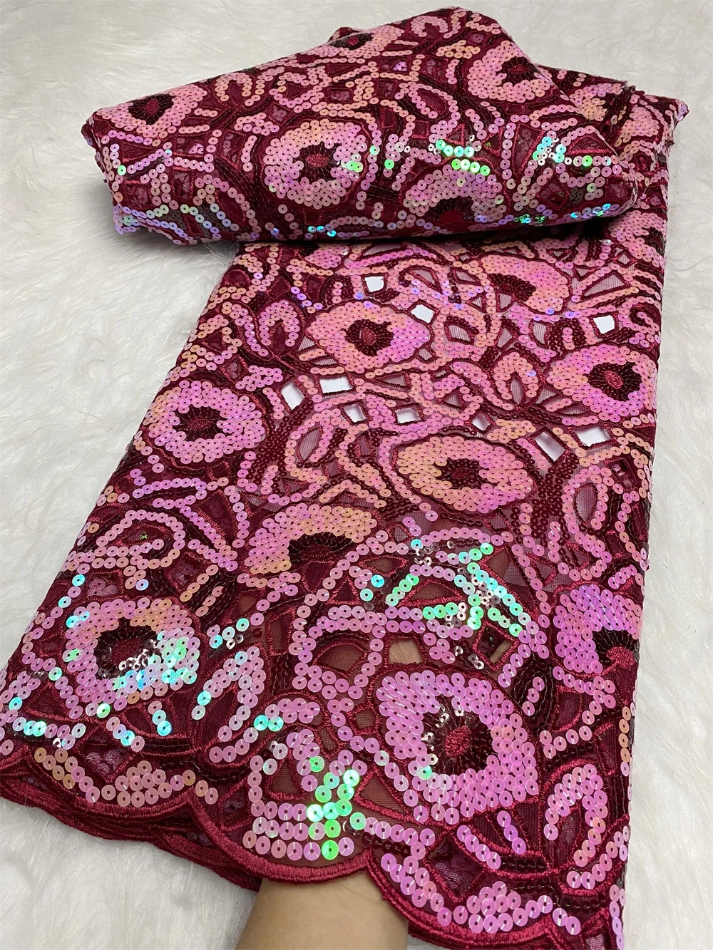 

2025 African Nigerian High-Quality Sequins Tulle Lace Fabric for Prom Dresses Beads Embroidery Sewing Net Cloth 5Yard JH0088