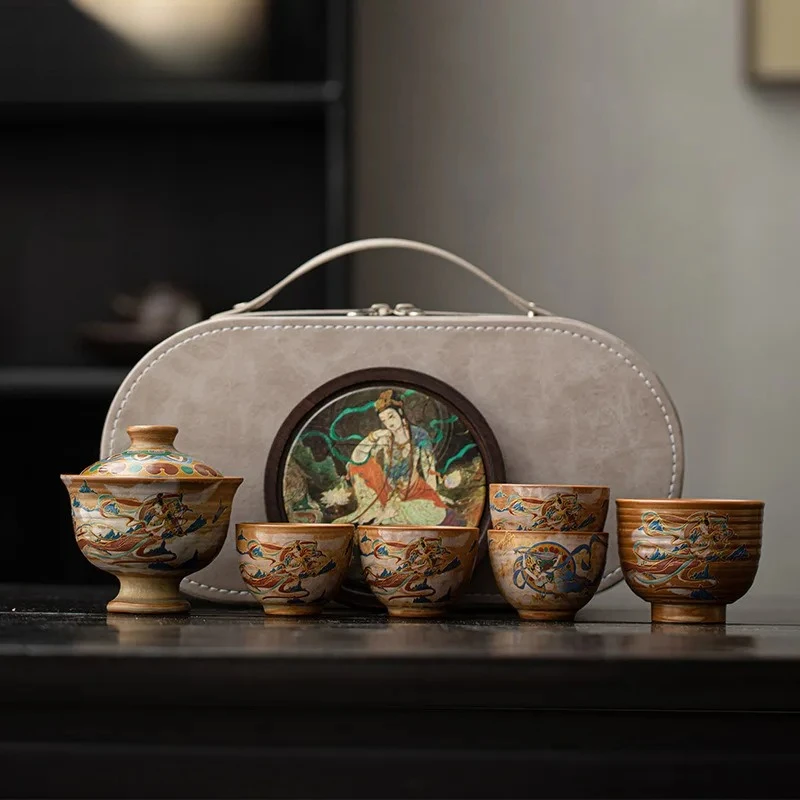 

Китайский керамический чайный набор «Дуньхуан Будда»: эстетичный церемониальный гайвань и чашки для заваривания чая, набор для чаепития ручной работы