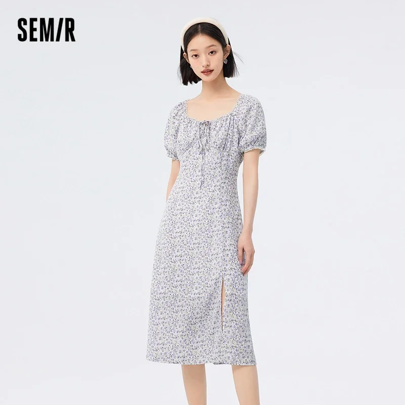 Semir Dress Women Split Chiffon Dress Romantic 2024 New Summer Mori Square Collar Fragmented Tea Break Dress