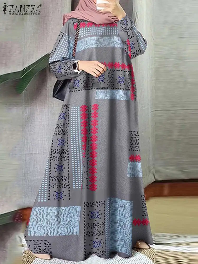 ZANZEA Ethnic Style Printing 2024 Autumn Vestidos Casual Loose Women O Neck Holiday Abaya Robes Long Sleeve Vintage Maxi Dress