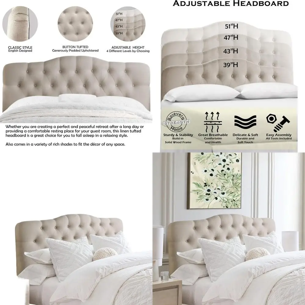 

Кровать с регулируемой высотой, обтянутая льняной тканью, с пуговичной обшивкой, размер Queen, классический бежевый цвет