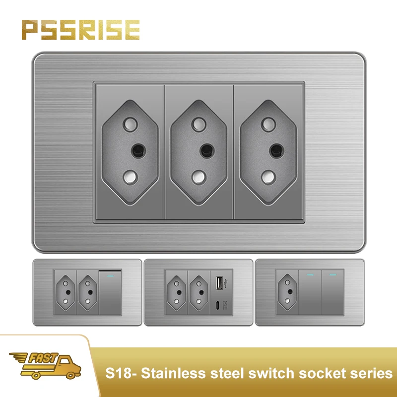 

PSSRISE Grey Brazil Standard Wall Power Socket with 20W USB Type C Charger Stainless Steel Panel Light Switch Computer TV Outlet