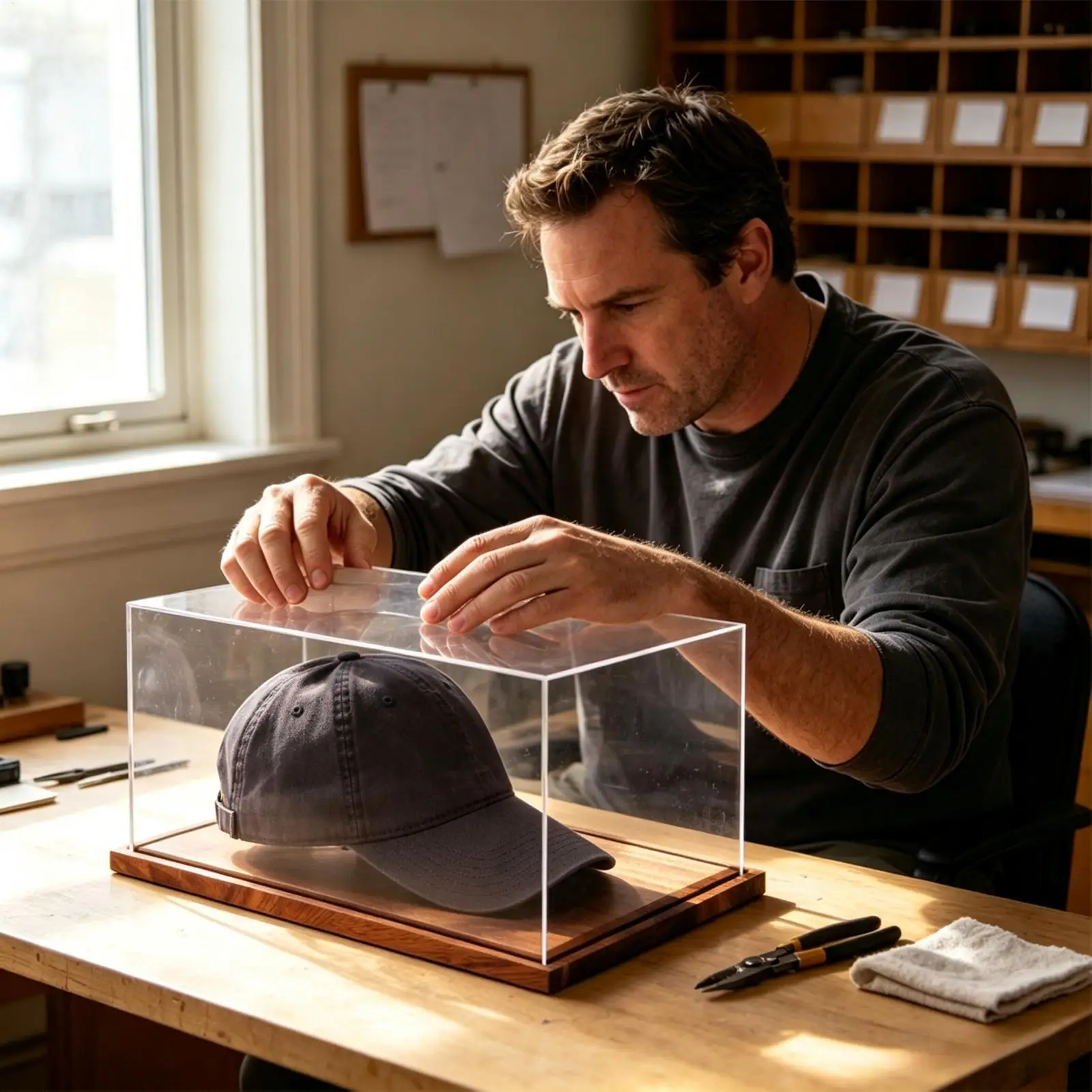 Baseball Cap Display Case Sun Protecting Baseball Hat Showcases Box With Wood Base For Fans And Sports Enthusiasts