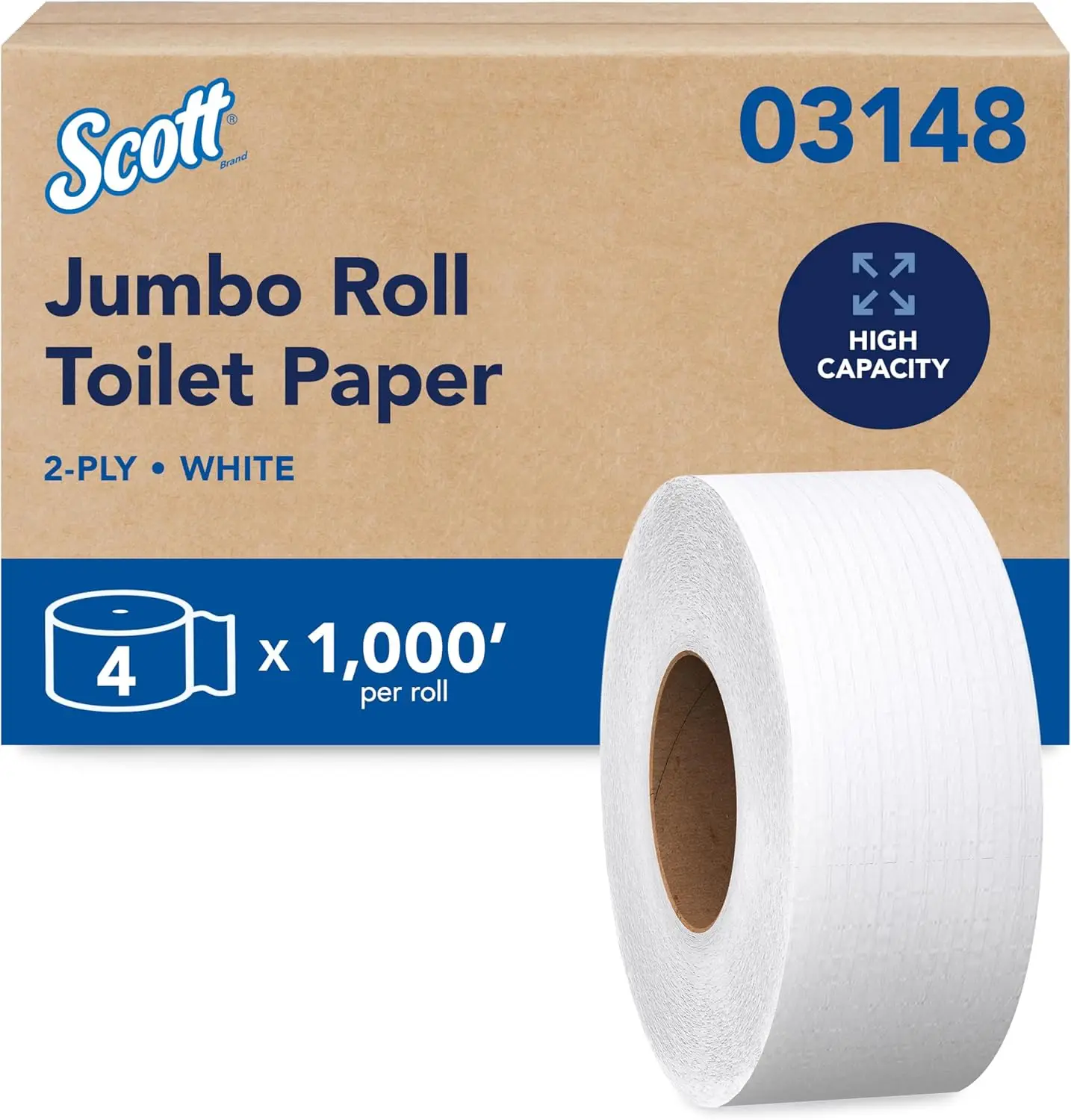 

Высококачественная туалетная бумага в больших рулонах, 2-слойная, безопасная для септиков, белая, без перфорации, компактное хранение (4 рулона по 1000 футов каждый)