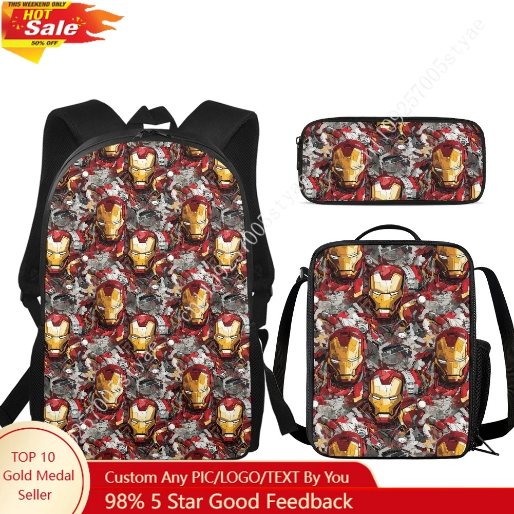 Set de Mochila Personalizada de 3 Piezas de 17 Pulgadas de Iron Man de Marvel, Incluye Mochila, Bolsa de Hombro y Estuche para Lápices, La Mejor Opción de Regalo