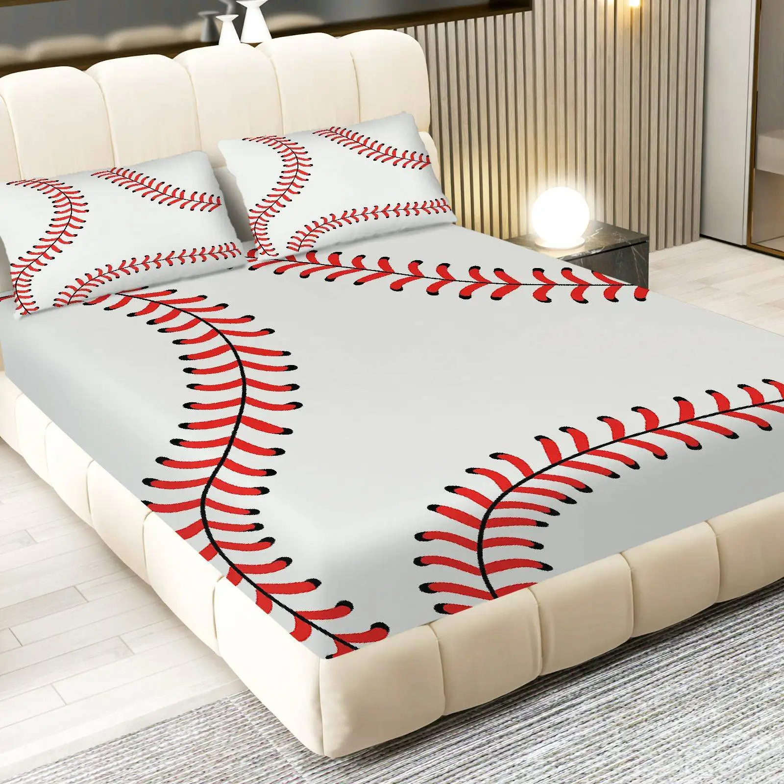3-Piece Mattress Protector Set, 2D Flat Printed Fitted Sheet, Simple Baseball Style Fitted Sheet Protector, with 2 Pillowcases, Polyester Fiber Material, Machine Washable