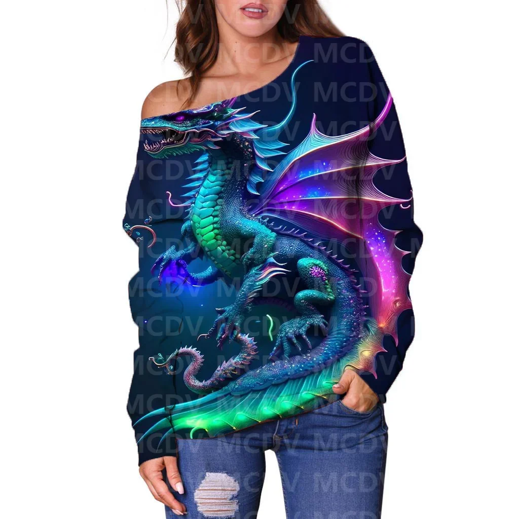 Dames Off Shoulder Trui Dragon 3d Print Dames Casual Trui Met Lange Mouwen